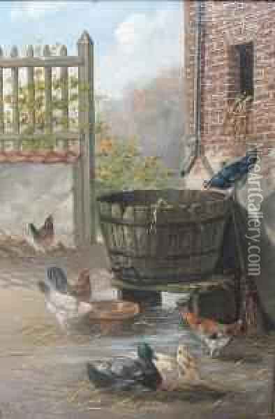 Chickens And Ducks At A Water Barrel Oil Painting - Jules G. Bahieu
