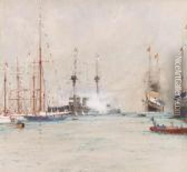 The King's Arrival At Cowes Oil Painting - Charles Edward Dixon