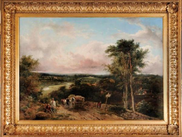 Haywain On A Country Road In A River Landscape Oil Painting - Frederick Waters Watts