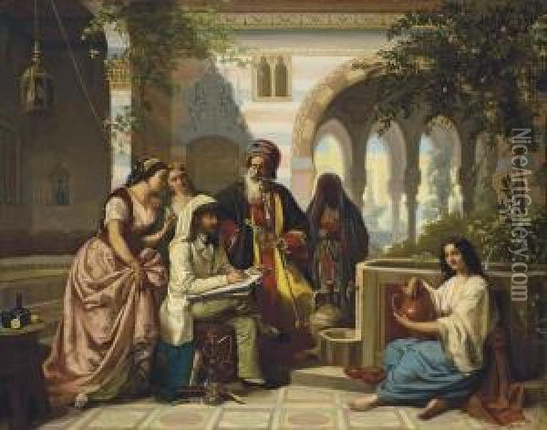 The Artist Sketching In A Courtyard In Damascus Oil Painting - Jan Baptist Huysmans