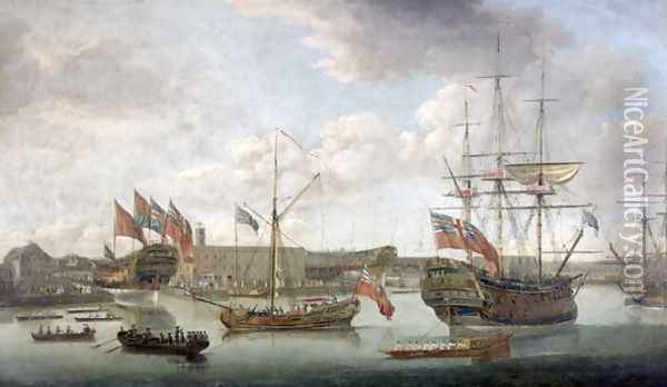 Launch at Deptford Dockyard, c.1750 Oil Painting - John the Elder Cleveley