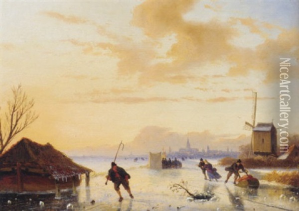Skaters On A Frozen River Oil Painting - Nicolaas Johannes Roosenboom