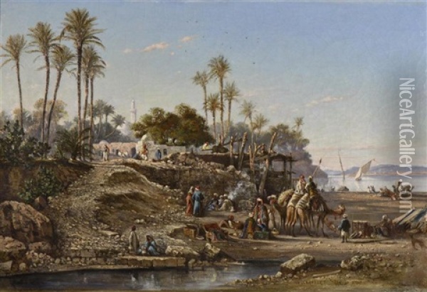 Campement En Nubie 1853 Oil Painting - Louis Amable Crapelet