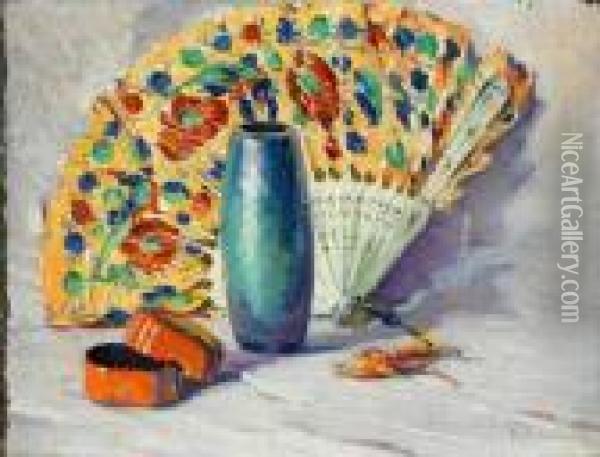 Still Life With Vase, Fan And Box Oil Painting - Mabel May Woodward