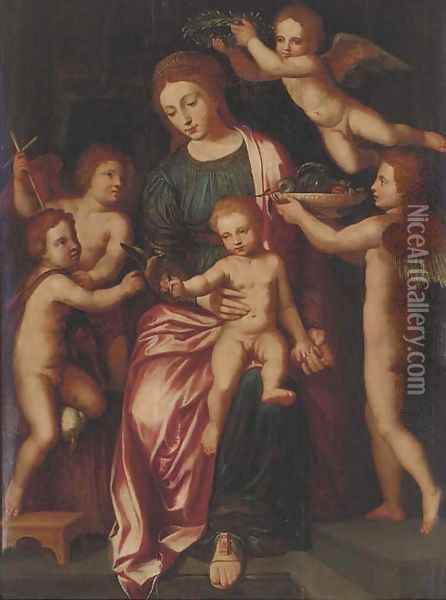 The Virgin and Child with the Infant Saint John the Baptist and three putti Oil Painting - Vincent Sellaer