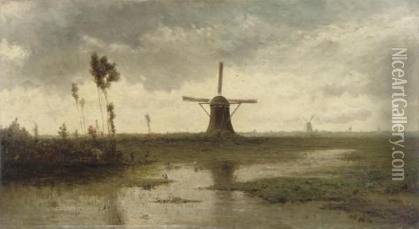 Windmills In A River Landscape Oil Painting - Paul Joseph Constantine Gabriel