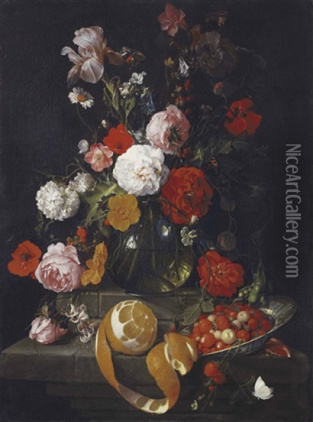 Roses, Poppies, Lillies And Other Flowers In A Glass Vase On A Stone Shelf, A Peeled Orange And Raspberries In A Wan Li Bowl On A Stone Ledge Below Oil Painting - Cornelis De Heem