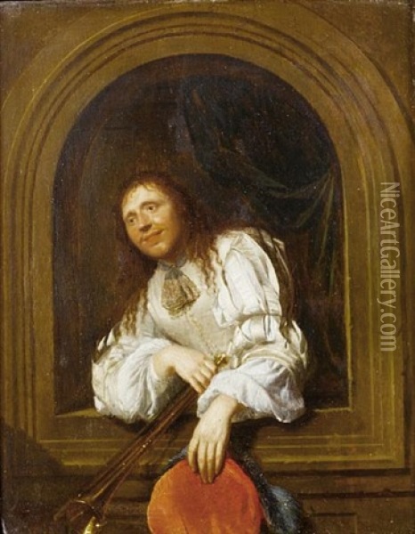 Portrait Of A Gentleman In A White Silk Chemise And A Red Waistcoat, Holding A Trumpet, Standing At An Arched Window Oil Painting - Jacob Ochtervelt