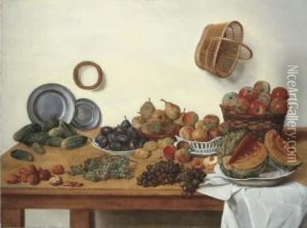 A Sliced Melon, Apples, Pears, 
Plums, Gherkins By Two Pewterplates, With Nuts And Black And White 
Grapes By A White Cloth On Atable With A Wicker Basket Hanging From A 
Wall Oil Painting - Jan Jozef, the Younger Horemans