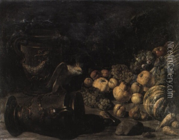 Deux Urnes, Une Perruche, Une Pasteque, Et D'autres Fruits Et Legumes Oil Painting - Peter van Boeckel