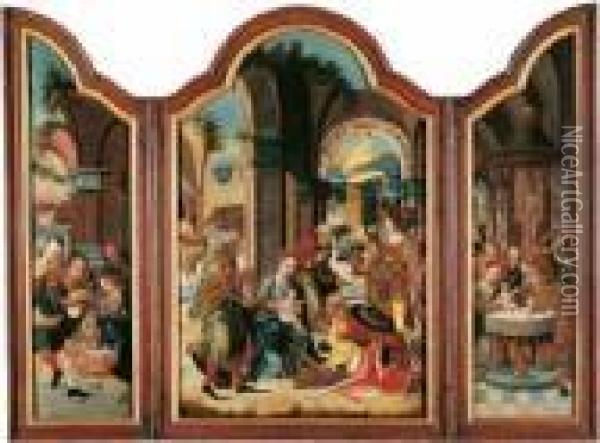 Triptychon. Mittelbild: Die
Anbetung Der Konige. Linker Flugel: Die Anbetung
 Der Hirten. Rechter Flugel: Die Beschneidung Christi. Oil Painting - Pieter Coecke Van Aelst