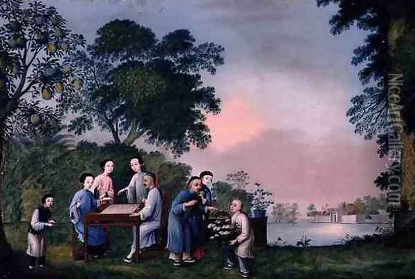 Figures Playing a Boardgame, c.1790 Oil Painting - Anonymous Artist