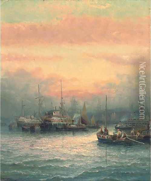Hulks on the Medway at dusk Oil Painting - William A. Thornley or Thornbery