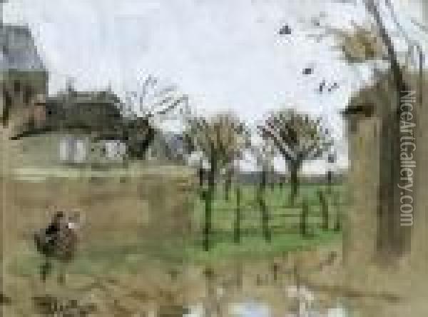 Two Figures Walking In The Countryside Oil Painting - Pierre Eugene Montezin