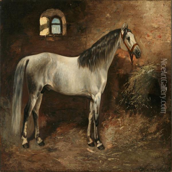 Whiteand Grey Horse In A Stable Oil Painting - Aleksandr Dmitrievich Chirkin