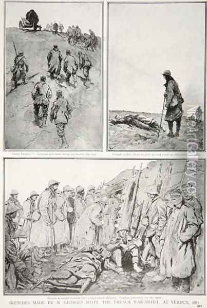 Sketches made by a French War-Artist at Verdun, 1916 Oil Painting - Scott, M. Georges