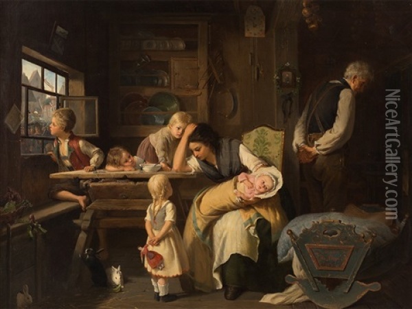 The Exhausted Mother Oil Painting - August Heyn