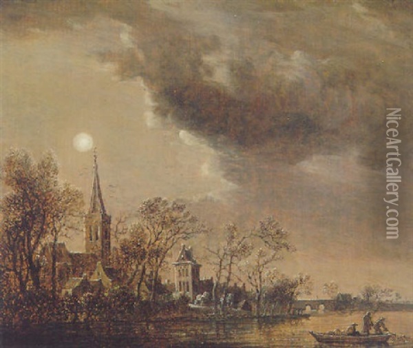 A River Landscape With A Fishing Boat Near A Village By Moonlight Oil Painting - Anthony Jansz van der Croos