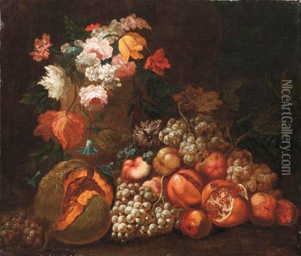 Uva, Melone, Melograni, Pesche Su Basamento E Rose, Tulipani, Gladioli in Vaso Di Pietra Oil Painting - Christian Berentz