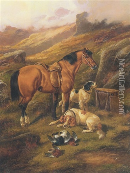 Sorrel Pony With Gun Dogs And Dead Game In A Landscape Oil Painting - John Gifford