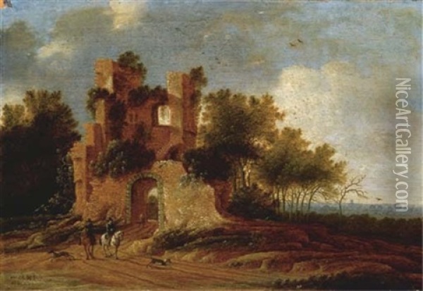 Travellers On Horseback By A Ruinous Gate, A Town In The Distance Oil Painting - Jacob Van Der Croos
