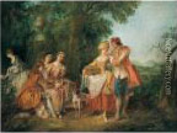 A ``fete Champetre' With Figures Conversing In A Parkland Setting Oil Painting - Nicolas Lancret