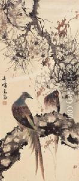 Pine And Birds Oil Painting - Gao Qifeng
