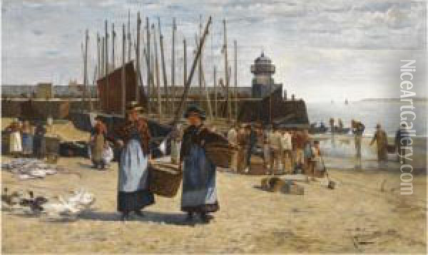 A Fish Sale On A Cornish Beach Oil Painting - Albert Ludovici