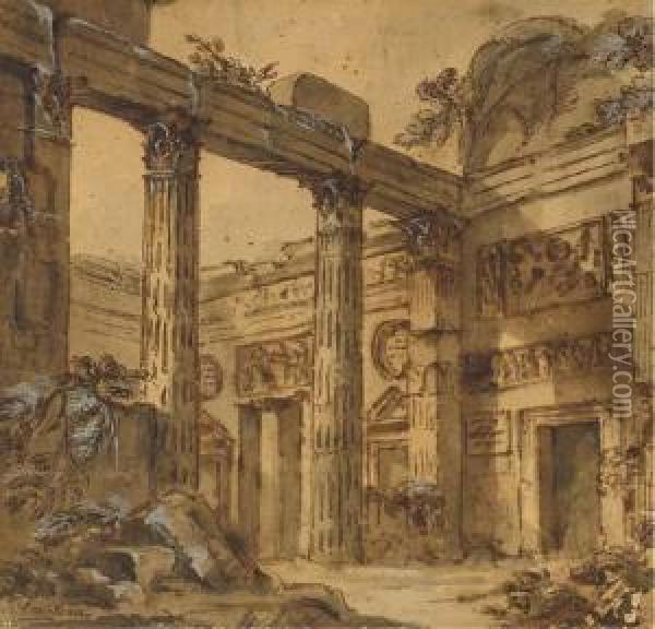 Une Fantaisie Architecturale D'un Temple En Ruine Oil Painting - Charles Louis Clerisseau