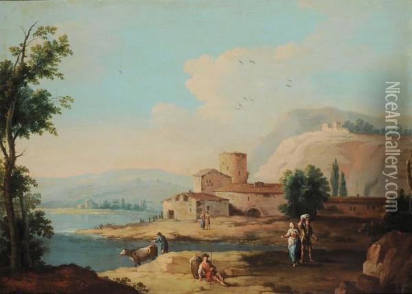 Paesaggio Con Figure E Armenti Oil Painting - Giuseppe Zais