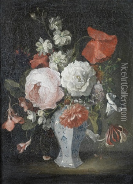 Roses, Poppies, Honeysuckle And Other Flowers In A Porcelain Vase On A Table-top Oil Painting - Louis Tessier
