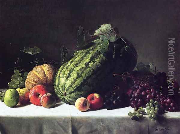 Still Life with Watermelon, Cantaloupe and Grapes Oil Painting - George Hetzel