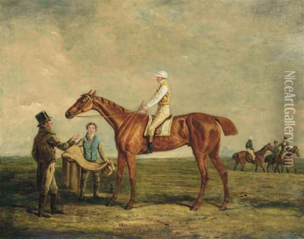 Sir Joshua, A Chestnut Racehorse With Jockey Up, In A Landscape, With Trainer And Groom Oil Painting - Benjamin Marshall