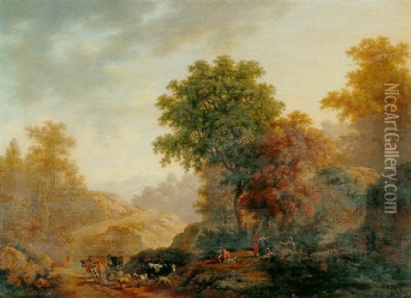 Landscape With A Shepherd, Goats, Sheep And Cattle Oil Painting - Pierre Louis De La Rive