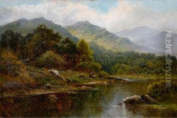 Three Figures Seated On The Bank
 Of A River With A Farm Cottage And A Range Of Hills Beyond Oil Painting - James Peel