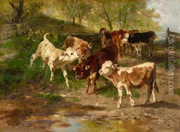 Young Cattle Grazing Oil Painting - Anton Braith