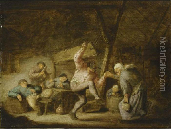 Peasants In An Inn With A Couple
 Dancing To The Music Of A Bagpipe Player And Others Drinking And 
Smoking At A Table Oil Painting - Adriaen Jansz. Van Ostade