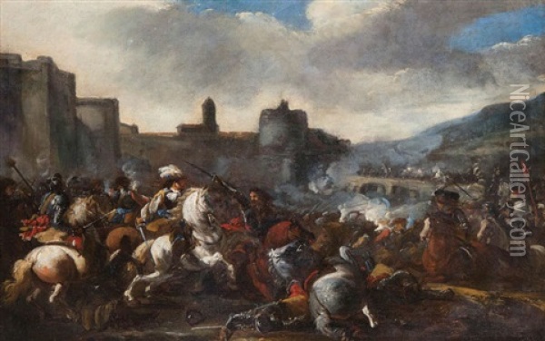 Scene De Cavalerie Pres D'une Ville Fortifiee Oil Painting - Pandolfo Reschi