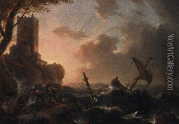 Shipwreck On The Rocky Coast. On The Cliffs A Fort Oil Painting - Claude-joseph Vernet