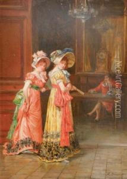 Elegant Ladies In An Interior Oil Painting - Leon Danseart