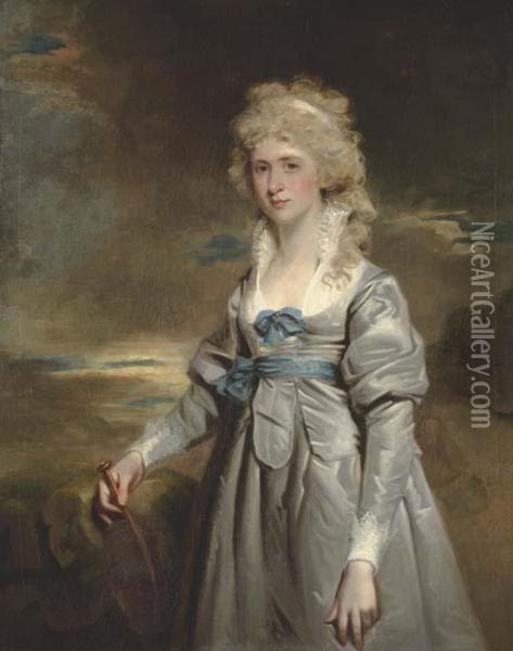 Portrait Of Charlotte 
Walsingham, Lady Fitzgerald,three-quarter-length, In A Grey Satin Dress Oil Painting - John Hoppner