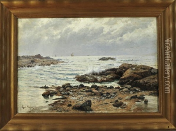 Steinige Meeresbrandung Mit Segelbooten Am Horizont Oil Painting - Karl Theodor Boehme