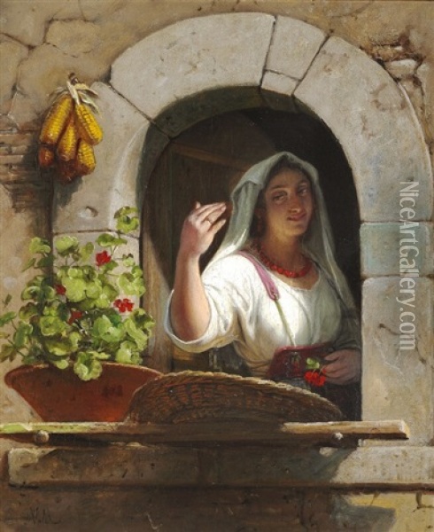 A Young Italian Woman Greets Someone From A Window Oil Painting - Wilhelm Nicolai Marstrand