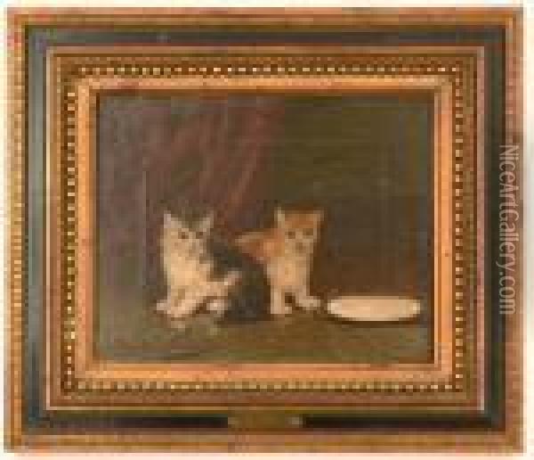An Interior Scene With Two Cats And A Dish, Signed At The Lower Left Corner. Oil Painting - Alphonse de Neuville