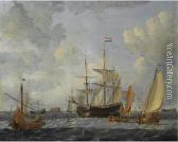 A Dutch Merchant Ship And Other Shipping In Choppy Waters, In Front Of A Dutch Coast Oil Painting - Abraham Storck