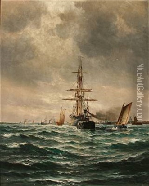 A Tug Towing A Large Sailing Ship Out Of Copenhagen Harbour Oil Painting - Vilhelm Victor Bille