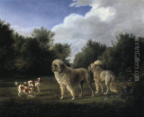 Water And King Charles Spaniels In Wooded Landscape Oil Painting - Edmund Bristow