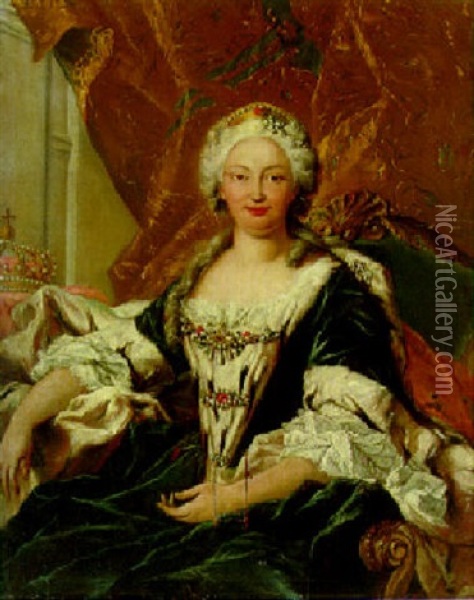 Portrait Of Elisabetta Farnese, Queen Of Spain, Seated Three-quarter-length, With A Crown Beside Her Oil Painting - Giovanni Antonio Guardi