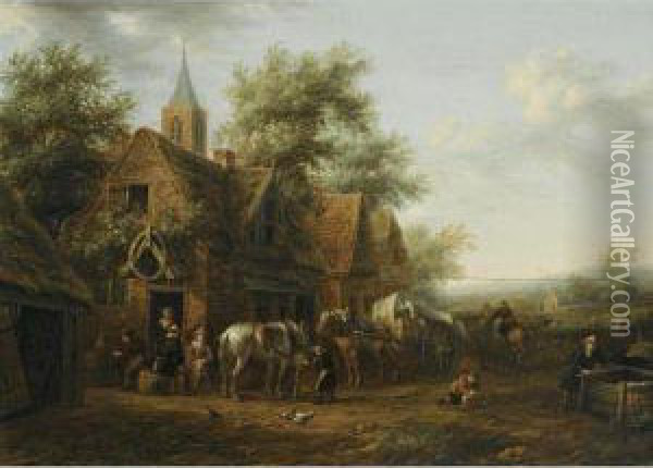 Travellers Resting Outside An Inn, A Boy Tending The Carthorses Oil Painting - Barend Gael or Gaal