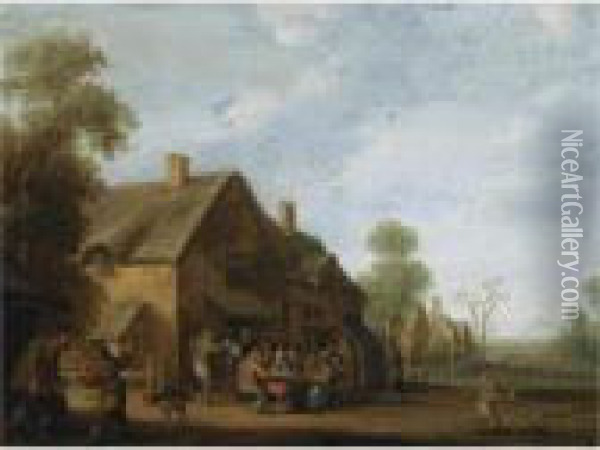 A Village Street With A Group Of
 Peasants Seated Outside An Inn, A Boy Playing With A Dog In The 
Foreground Oil Painting - Joost Cornelisz. Droochsloot